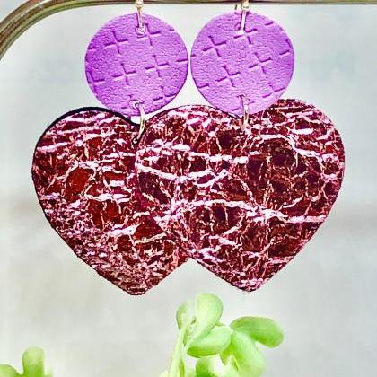 Circle And Heart Shaped Dangles, Purple Textured..