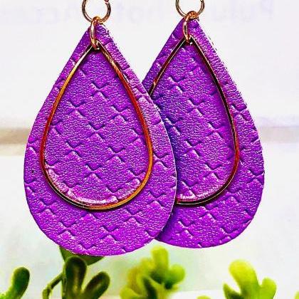 Purple Textured Faux Leather Earrings, Teardrop..
