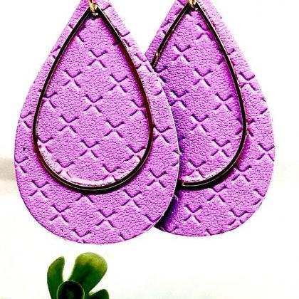 Purple Textured Faux Leather Earrings, Teardrop..