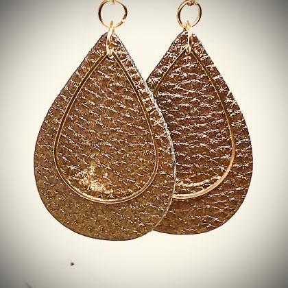 Brown Textured Faux Leather Earrings, Gold..