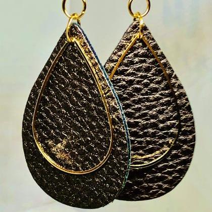 Brown Textured Faux Leather Earrings, Gold..