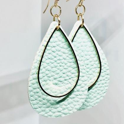 Mint Green Textured Faux Leather Earrings,..