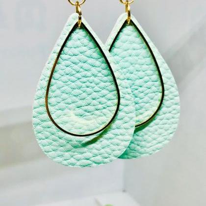 Mint Green Textured Faux Leather Earrings,..