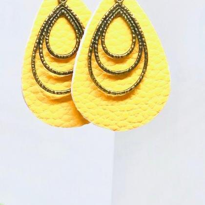 Yellow Textured Faux Leather Earrings, Teardrop..