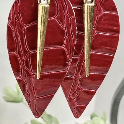 Faux Leather Leaf Earrings, Red Crocodile, Gold..