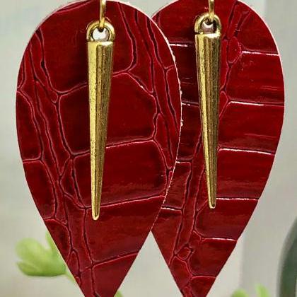 Faux Leather Leaf Earrings, Red Crocodile, Gold..