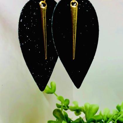 Faux Leather Leaf Earrings, Black Glitter, Gold..