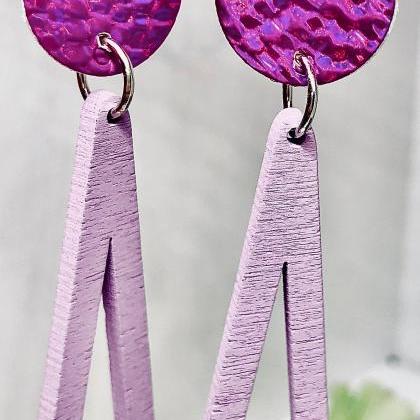 Faux Leather Circle Dangle Earrings, Wooden..