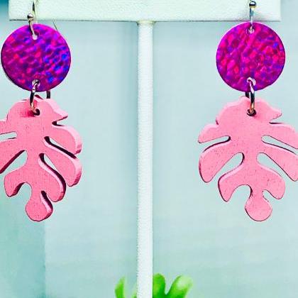 Faux Leather Circle Dangle Earrings, Wooden Leaf..