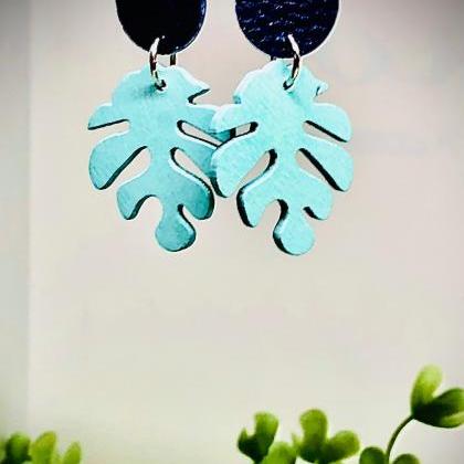 Faux Leather Circle Dangle Earrings, Wooden Leaf..