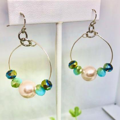 Small Dangle Hoop Earrings, Blue And Green Faceted..