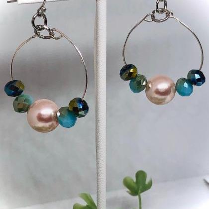Small Dangle Hoop Earrings, Blue And Green Faceted..
