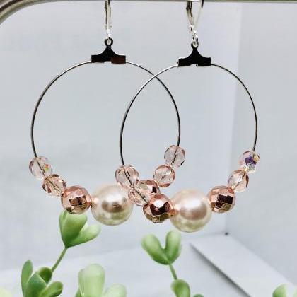 Large Dangle Hoop Earrings, Large Pearl, Pink..