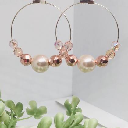 Large Dangle Hoop Earrings, Large Pearl, Pink..