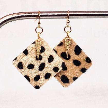 Faux Leather Square Earrings, Fuzzy Leopard, Gold..