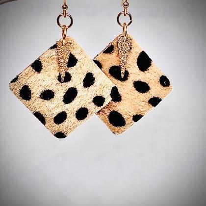 Faux Leather Square Earrings, Fuzzy Leopard, Gold..