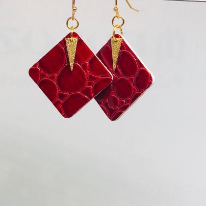 Faux Leather Square Earrings, Red Crocodile, Gold..
