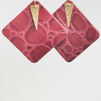 Faux Leather Square Earrings, Red Crocodile, Gold..
