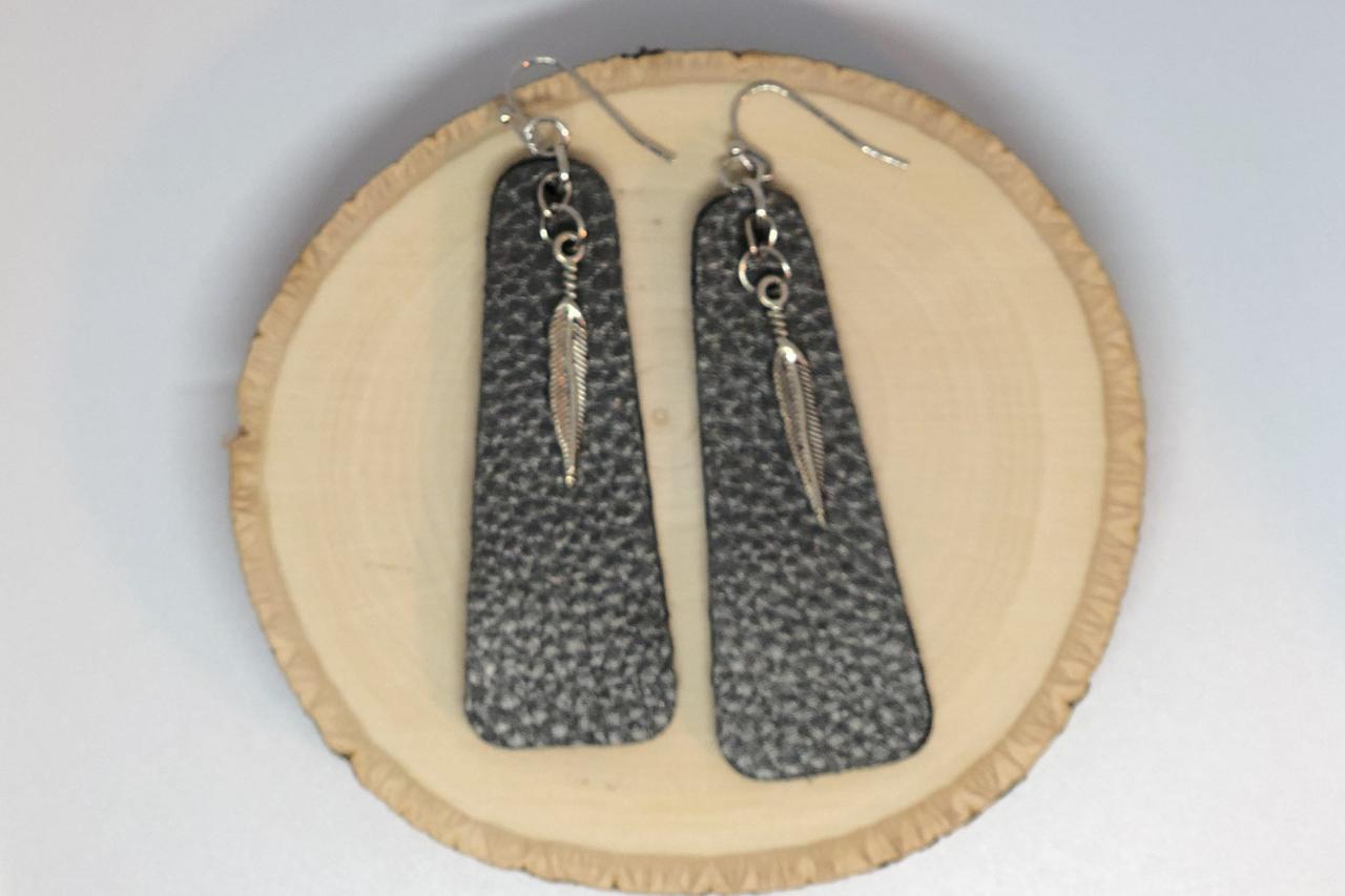 Gun Metal Gray Faux Leather, Bar Drop Dangle Earrings, Hanging Leaf Charm, Double-sided, Ready To Ship