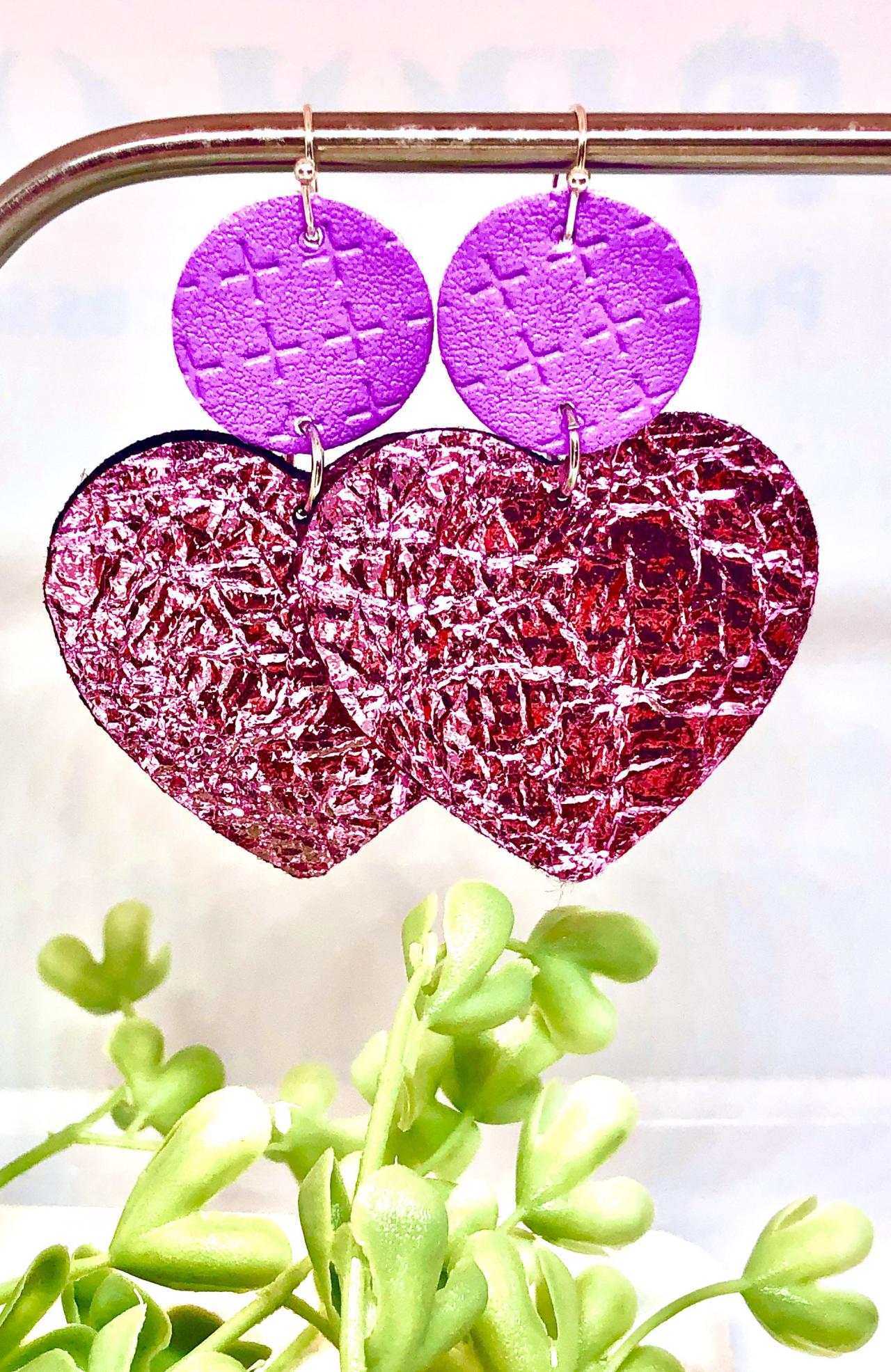 Circle And Heart Shaped Dangles, Purple Textured Circle And Pink Foil Faux Leather Earrings, Double-sided, Lightweight, Ready To Ship