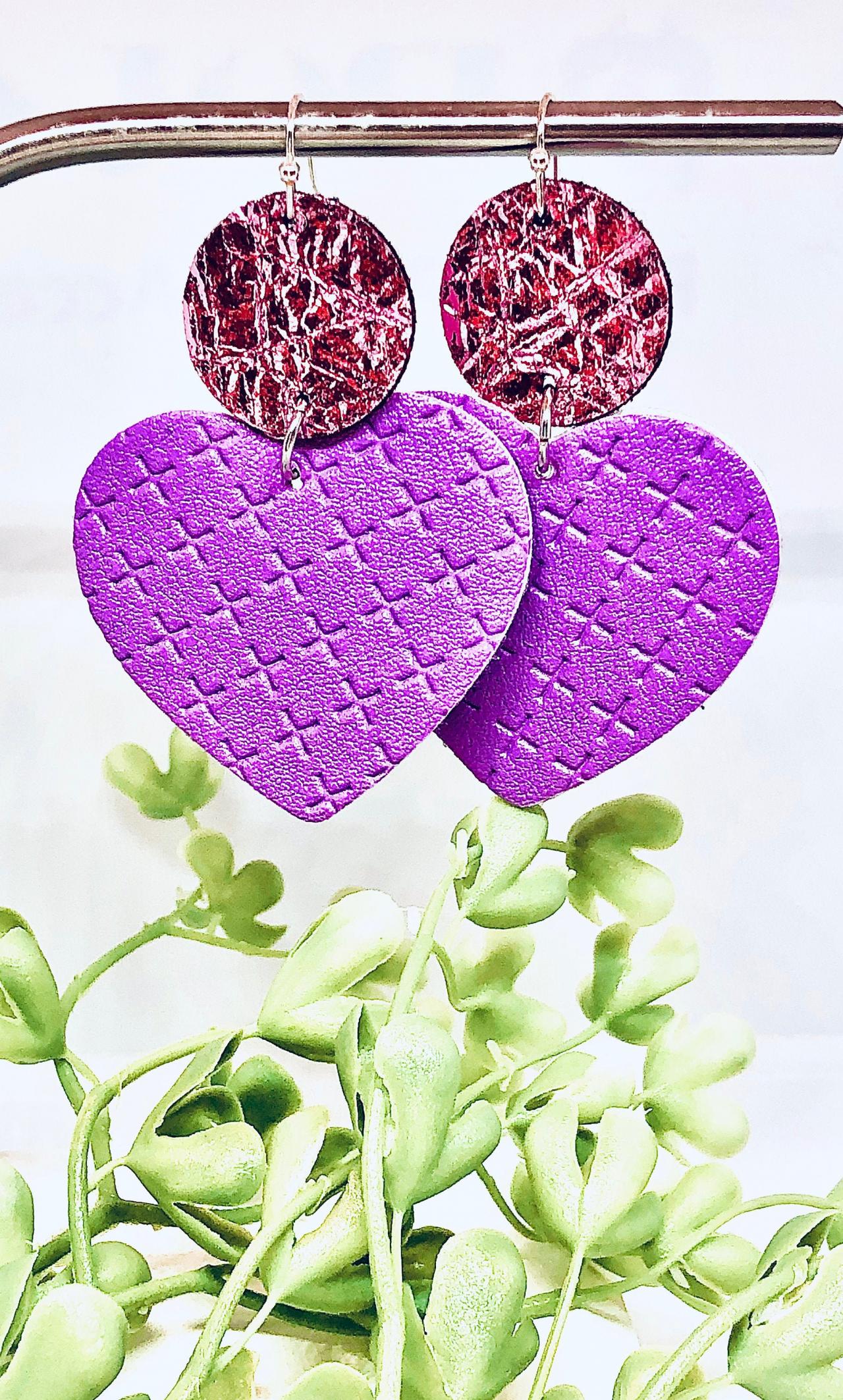 Circle And Heart Shaped Dangles, Pink Foil And Purple Textured Faux Leather Earrings, Double-sided, Lightweight, Ready To Ship