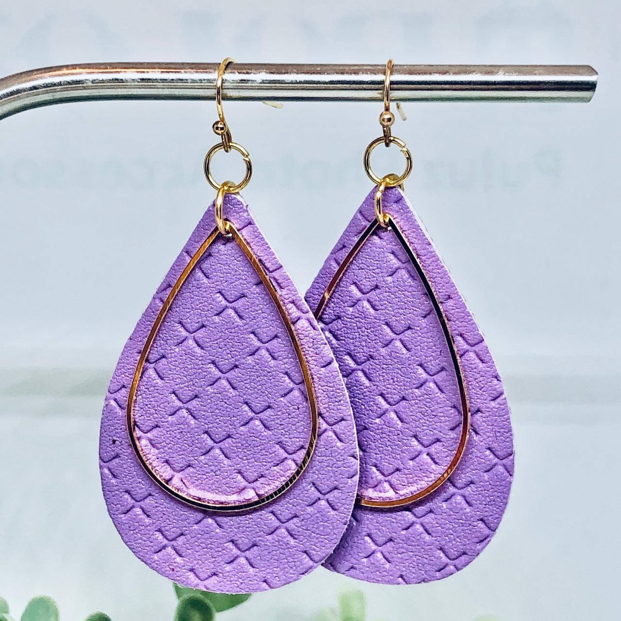 Purple Textured Faux Leather Earrings, Teardrop Earrings, Double-sided Earrings, Gold Teardrop Charm, Dangle Earrings