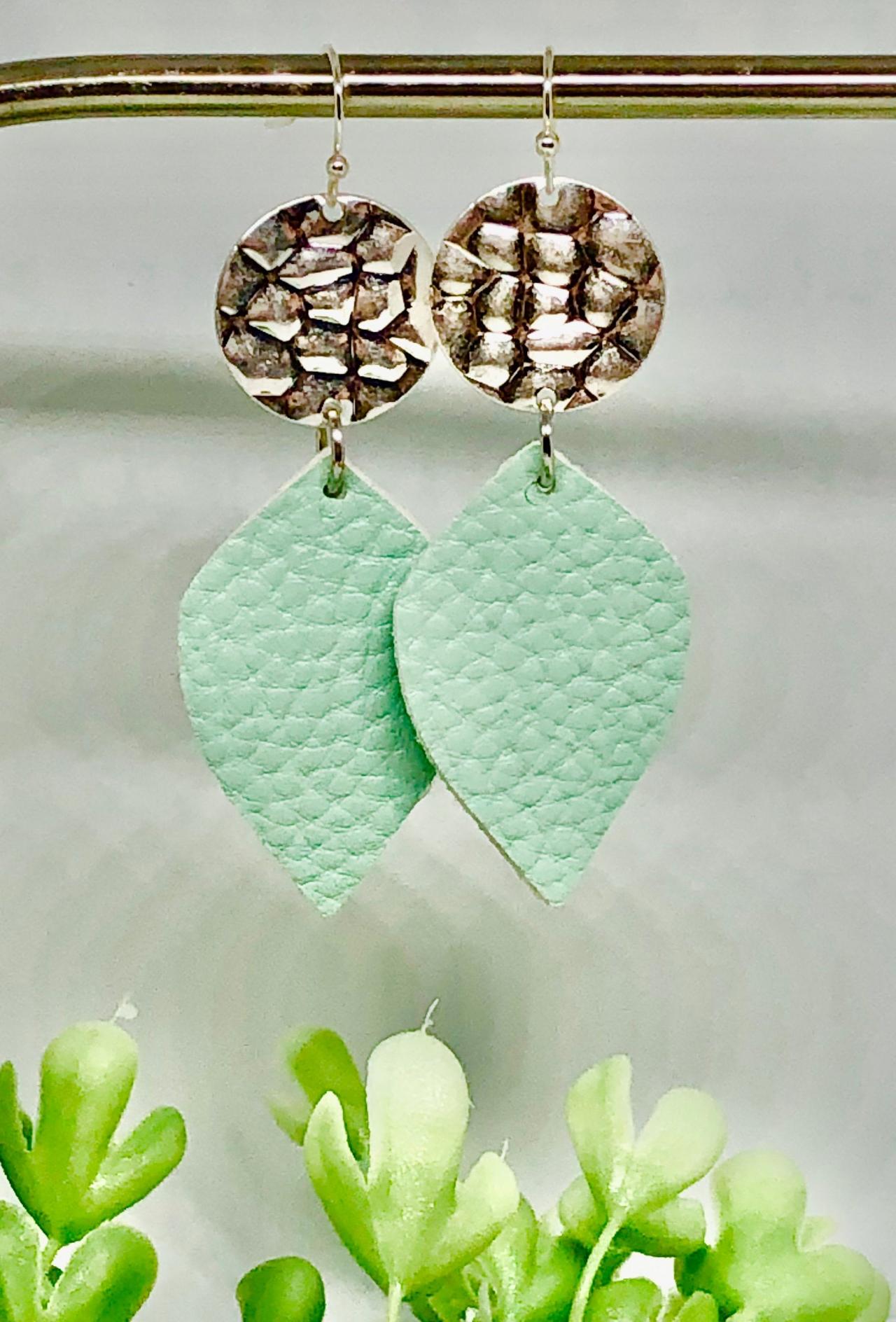 Silver Hammered Circle Charm, Mint Green Textured Faux Leather Leaf, Dangle Earrings, Lightweight, Double-sided