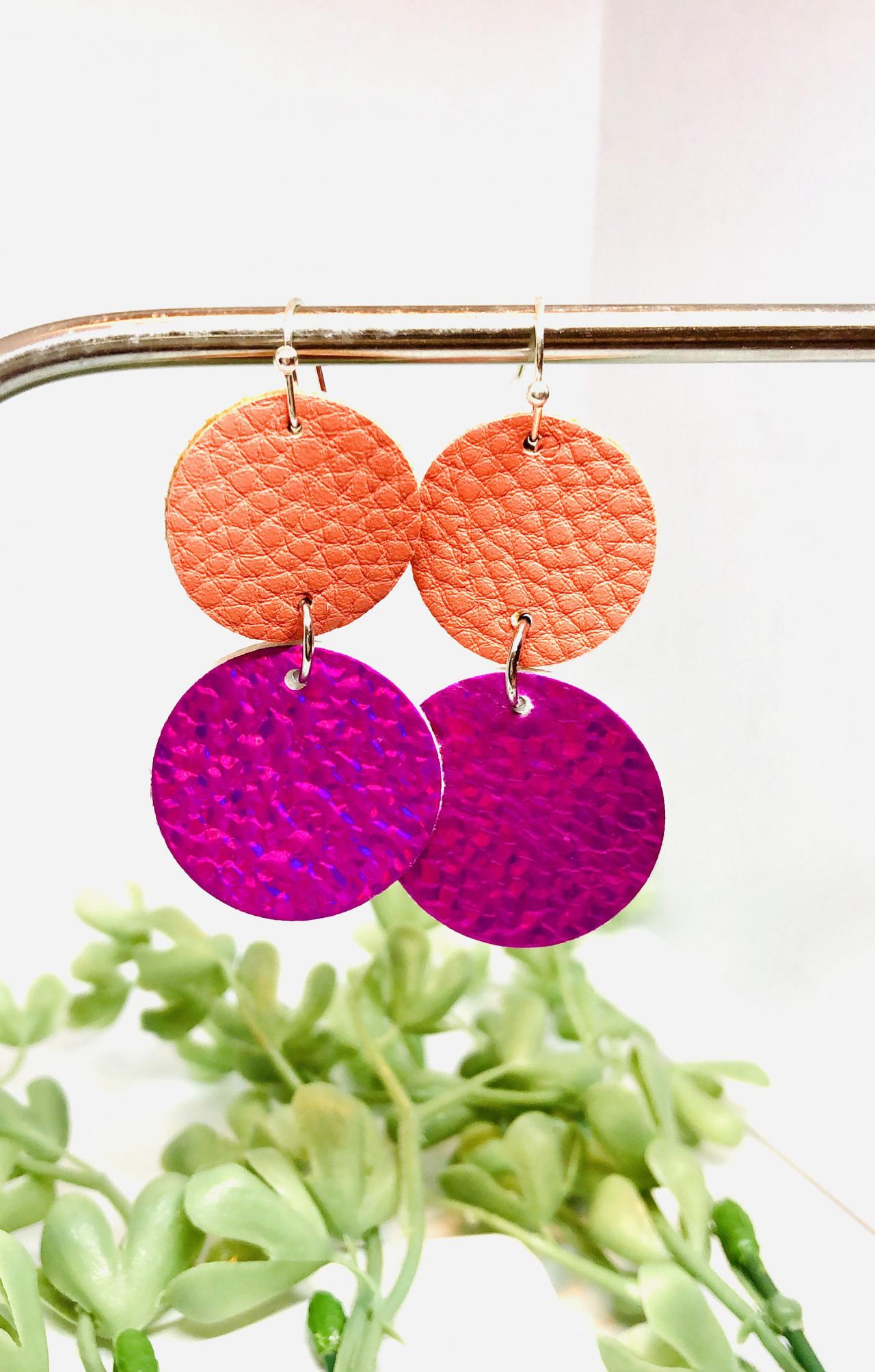 Double Circle Cut Faux Leather Dangle Earrings, Copper Orange Textured Circles, Holograph Pink Textured Circles, Lightweight, Double-sided