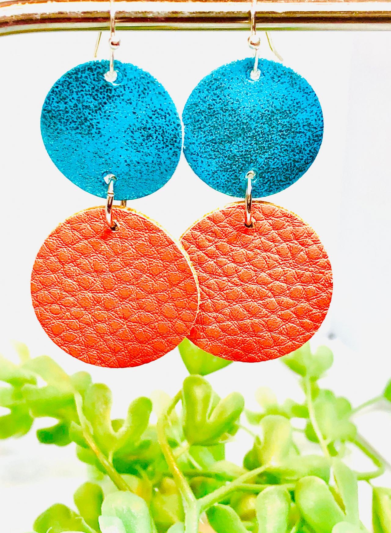 Double Circle Cut Faux Leather Dangle Earrings, Suede Teal Circle Earrings, Copper Orange Textured Circles, Lightweight, Double-sided