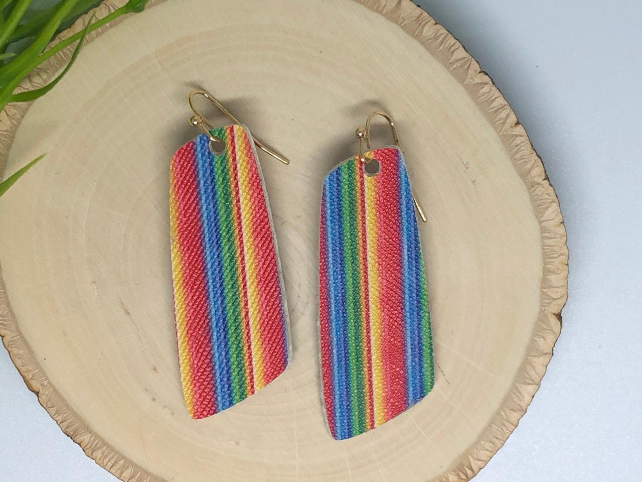 Sarape Striped Litchi Faux Leather Earrings, Double-sided, Oval, Boho Style, Lightweight-pick Your Style, Ready To Ship