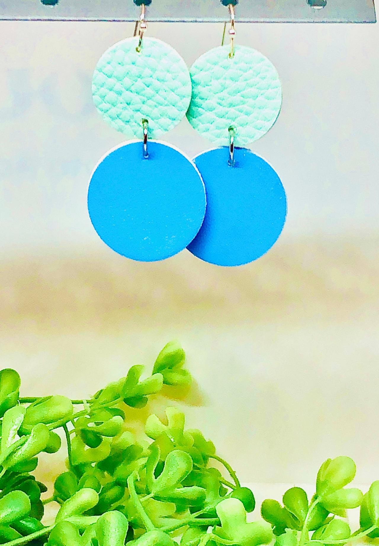 Double Circle Cut Faux Leather Dangle Earrings, Mint Green Textured Circle Earrings, Blue Circle Earrings, Lightweight, Double-sided