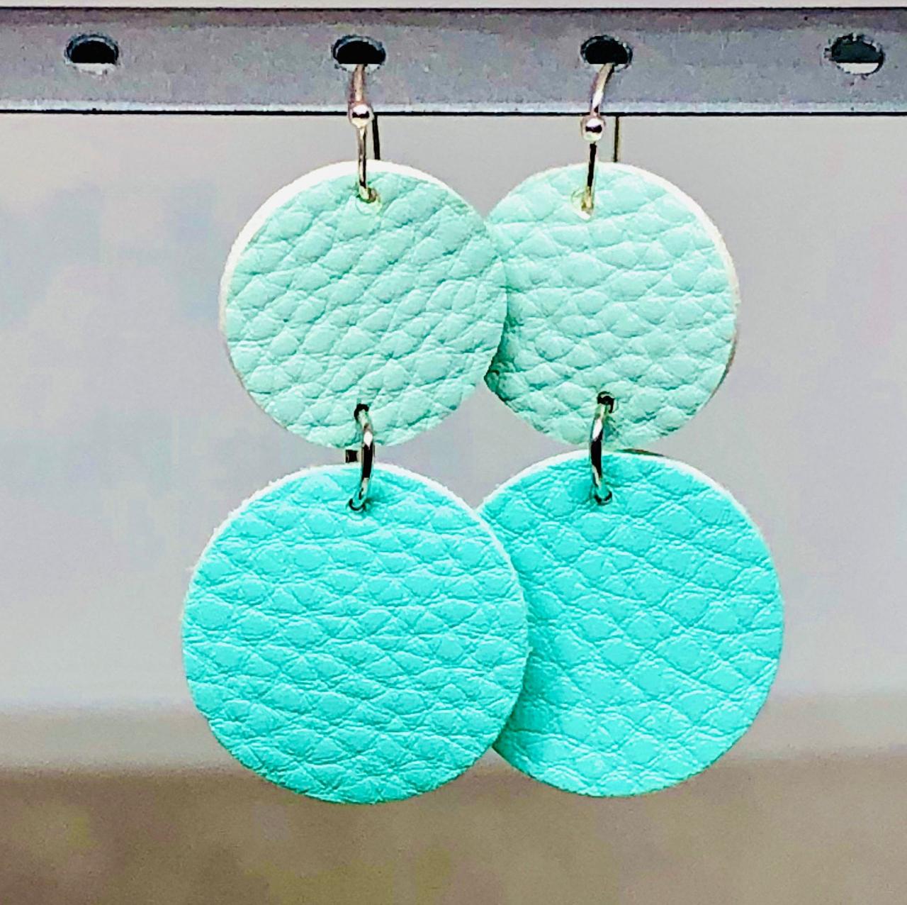 Double Circle Cut Faux Leather Dangle Earrings, Mint Green Circle Earrings, Teal Green Circle Earrings, Lightweight, Double-sided