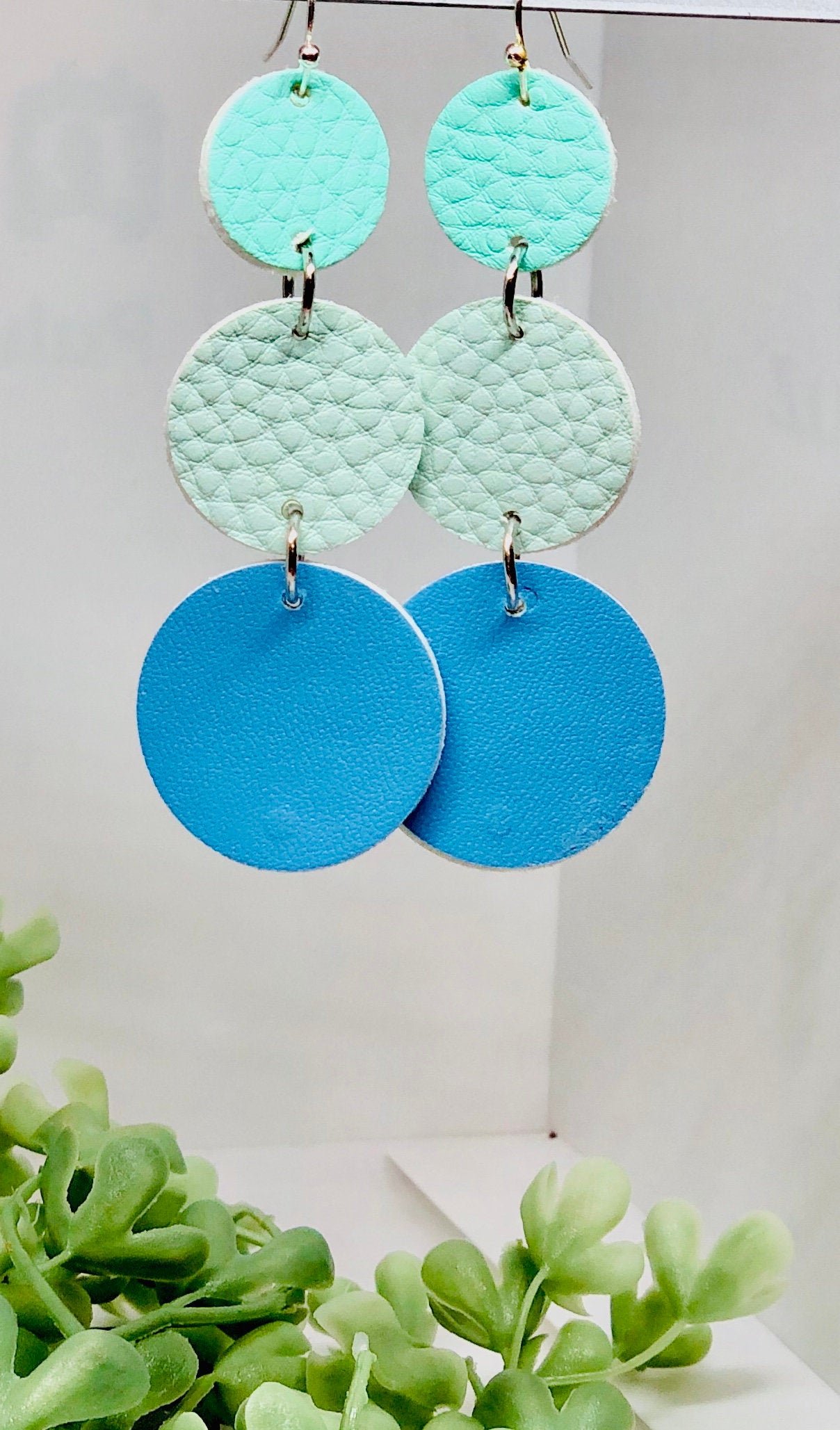 Cascading Circles Faux Leather Dangle Earrings, Teal Green Circle, Mint Green Circle, Blue Circle, Circle Dangles, Lightweight, Double-sided