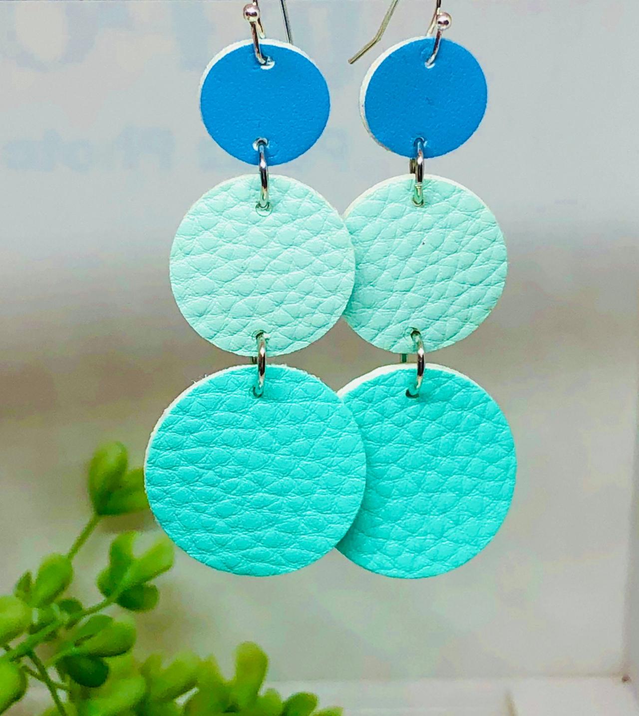 Cascading Circle Faux Leather Dangle Earrings, Circle, Teal Green Circle, Mint Green Circle, Blue Circle, Lightweight, Double-sided