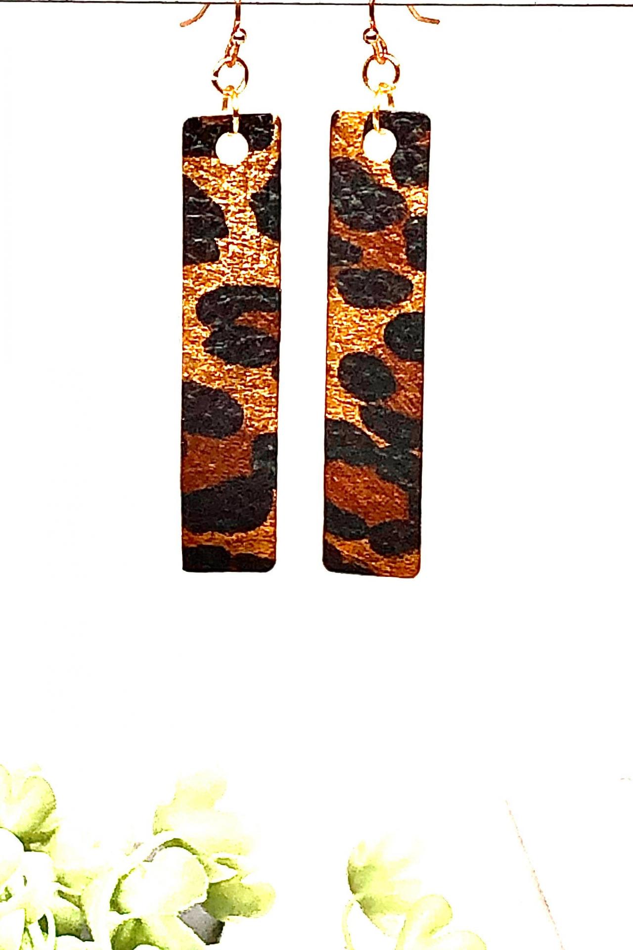 Leopard Print Faux Leather Earrings, Long Dangles, Faux Leather Dangles, Double-sided, Lightweight, Easy To Wear