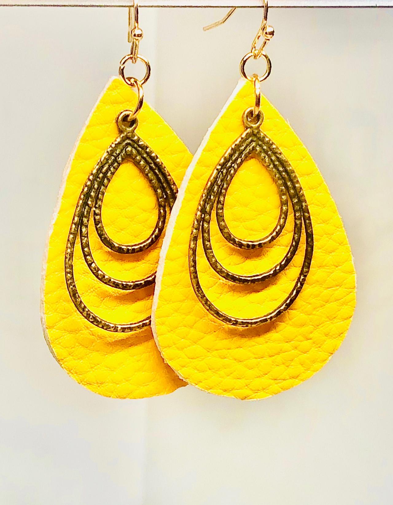 Yellow Textured Faux Leather Earrings, Teardrop Dangle Earrings, Double-sided Earrings, Triple Teardrop Flat Charm, Teardrop Earrings