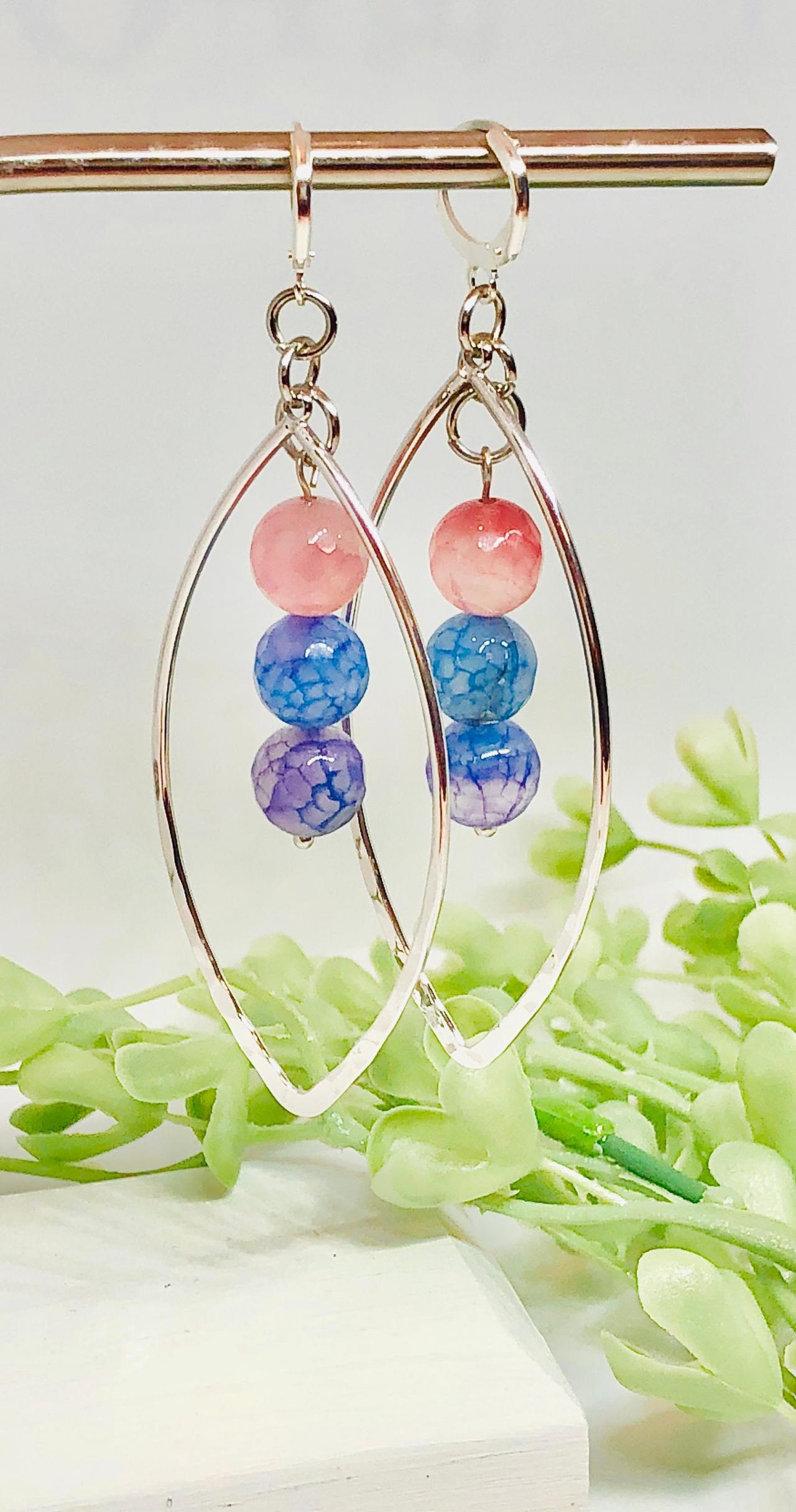Silver Platted Hammered Leaf, Hoop Dangle Earrings, Cracked Agate Beads, Pink, Blue, Purple Beads, Dangle, Hoop Earrings