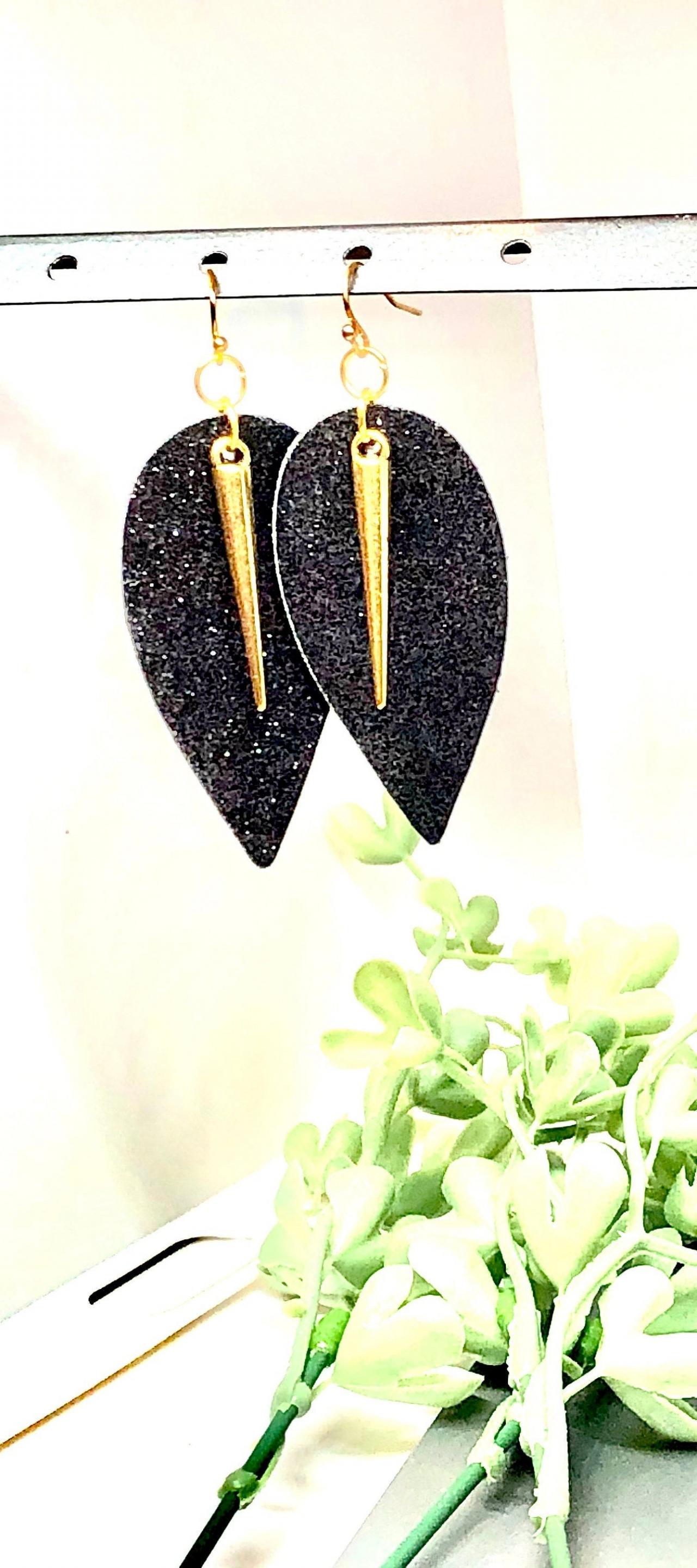 Faux Leather Leaf Earrings, Black Glitter, Gold Round Spear Pendant, Double-sided, Dangle Earrings, Lightweight, Easy To Wear