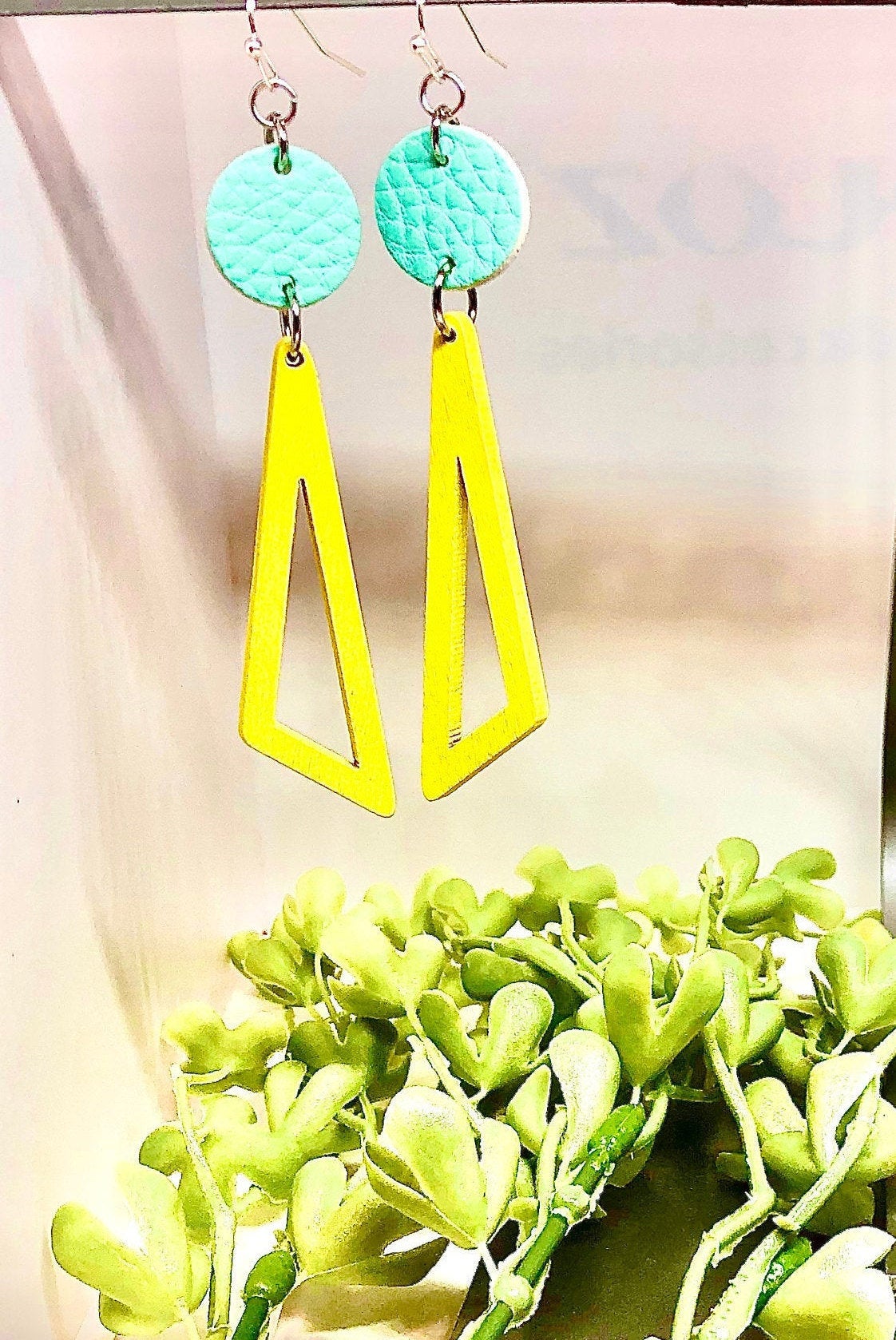 Faux Leather Circle Dangle Earrings, Wooden Geometric Bead, Circle, Triangle, Lightweight, Teal, Yellow, Easy To Wear