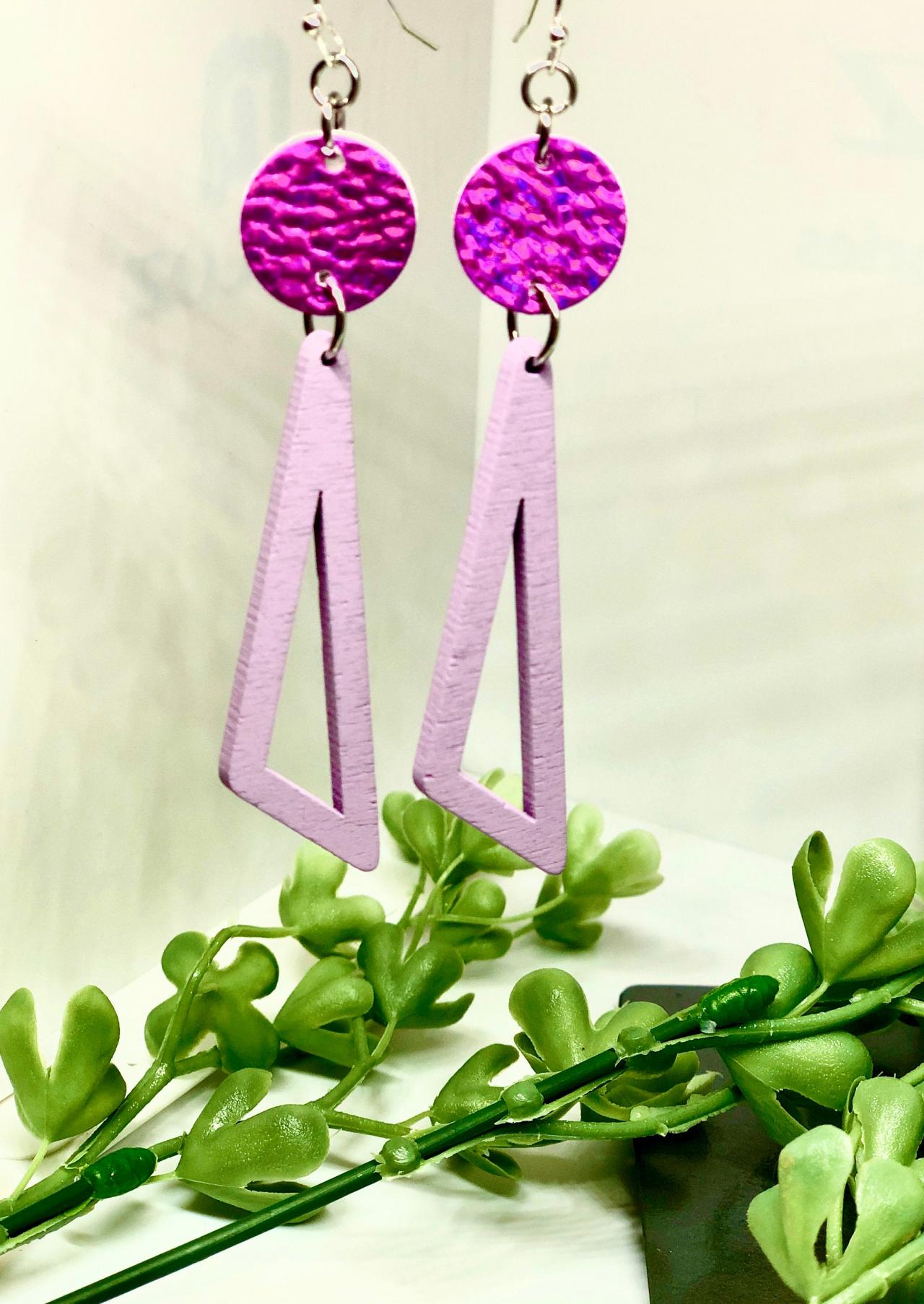 Faux Leather Circle Dangle Earrings, Wooden Geometric Bead, Circle, Triangle, Lightweight, Pink, Light Purple, Easy To Wear