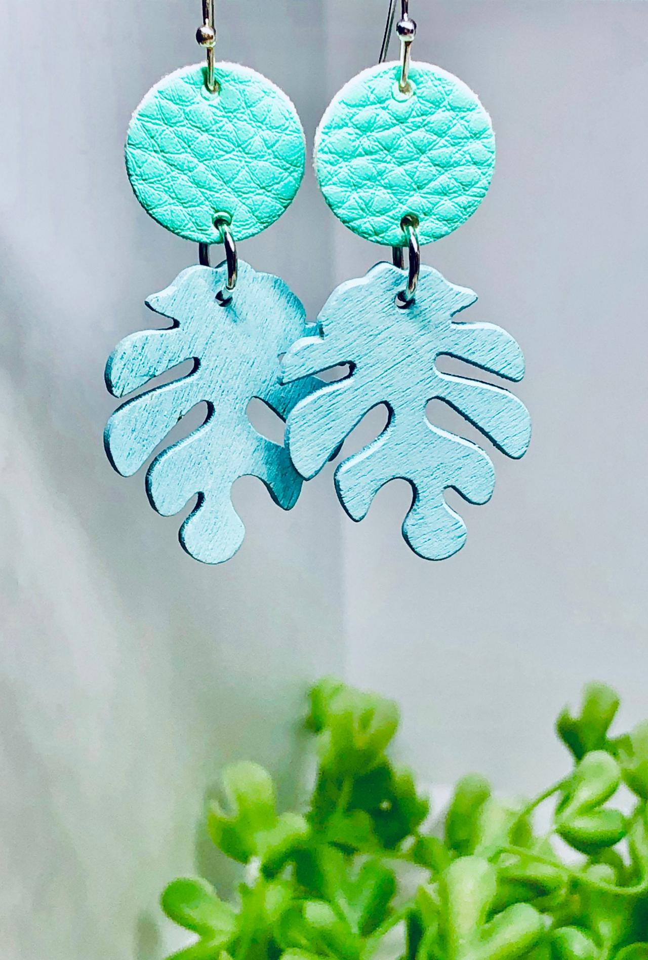 Faux Leather Circle Dangle Earrings, Wooden Leaf Bead, Circle, Lightweight, Teal Green, Light Blue, Easy To Wear