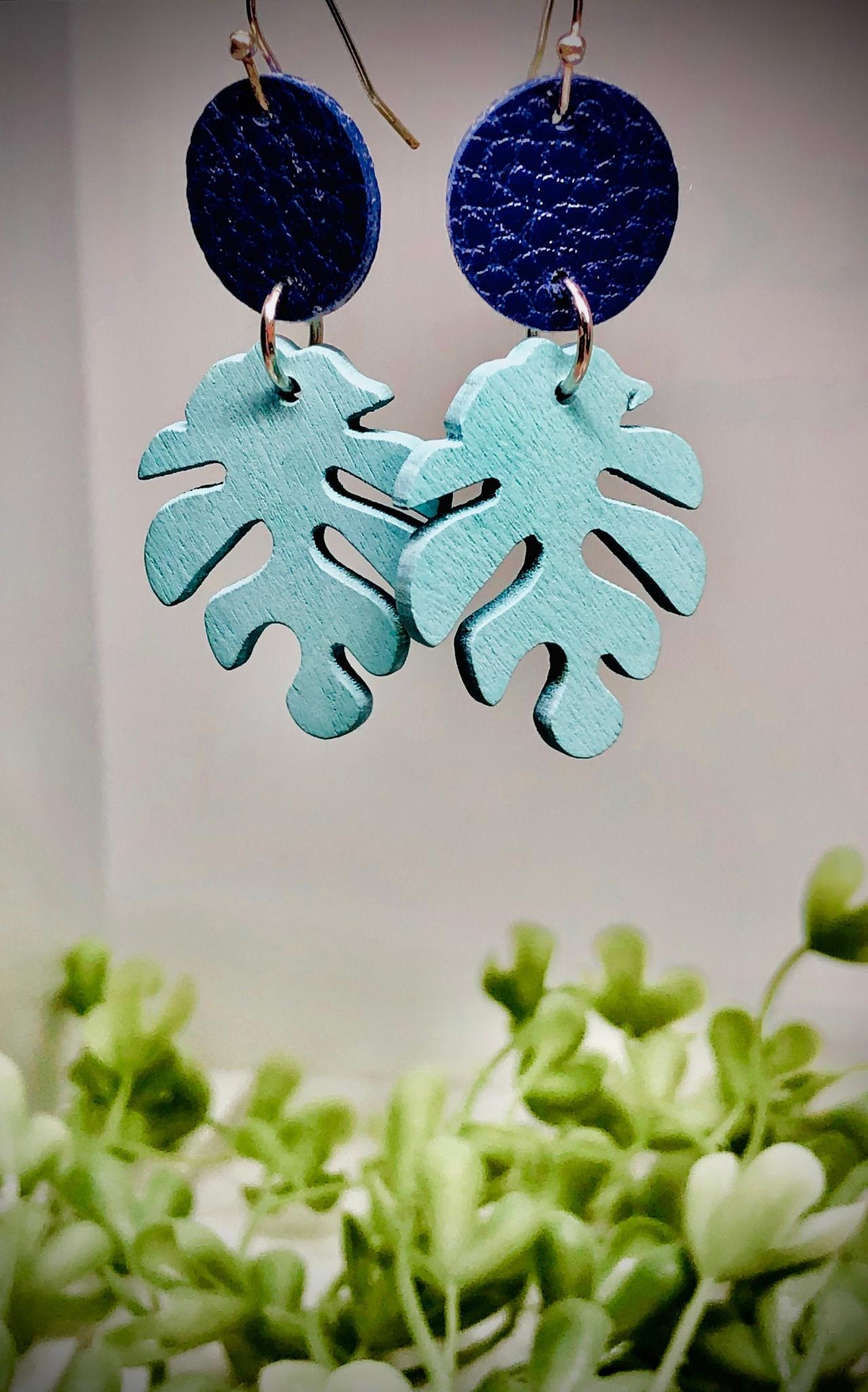 Faux Leather Circle Dangle Earrings, Wooden Leaf Bead, Circle, Lightweight, Navy Blue, Light Blue, Easy To Wear