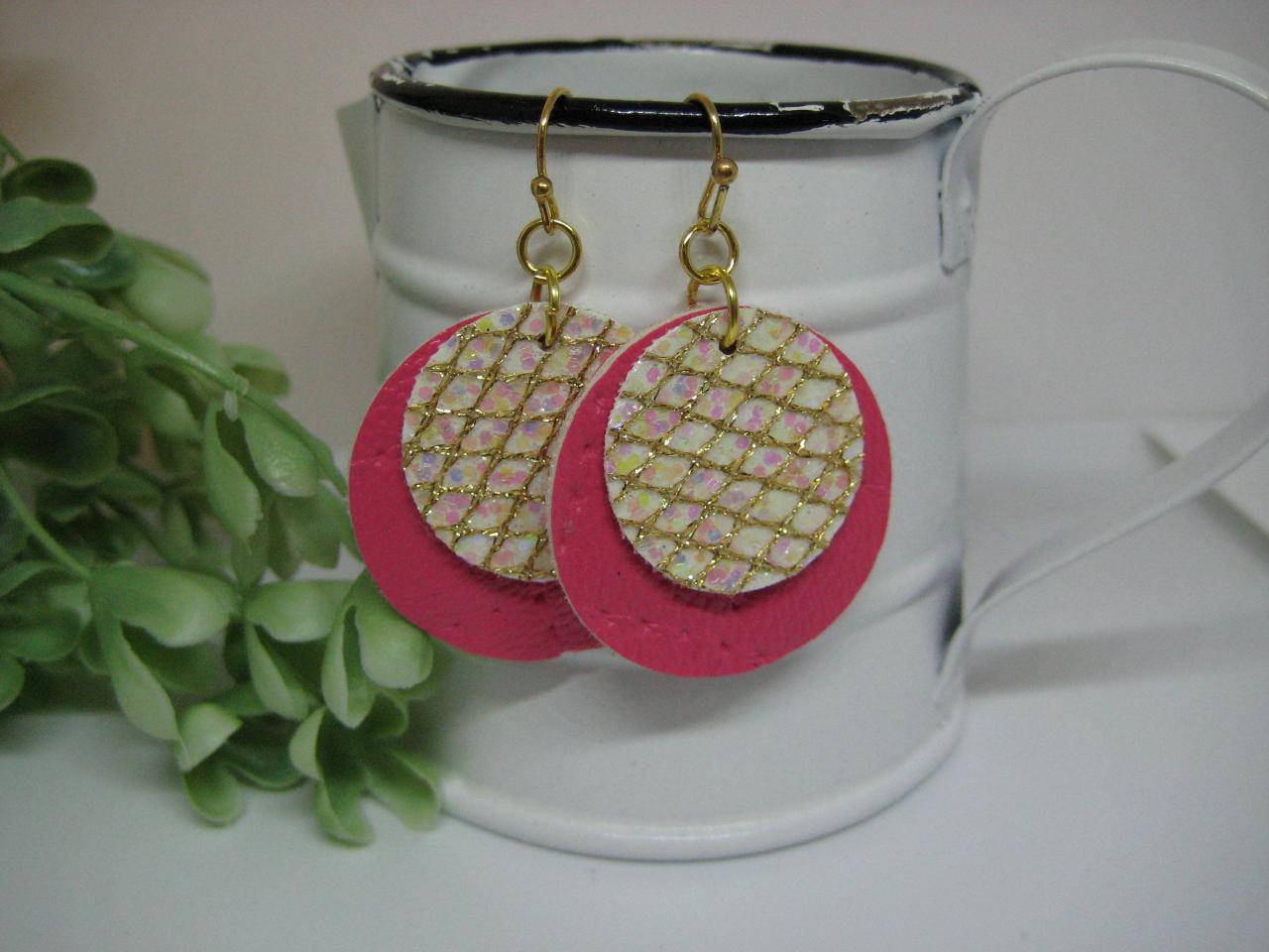 Pink With Gold Glitter Textured Circle Faux Leather Earrings