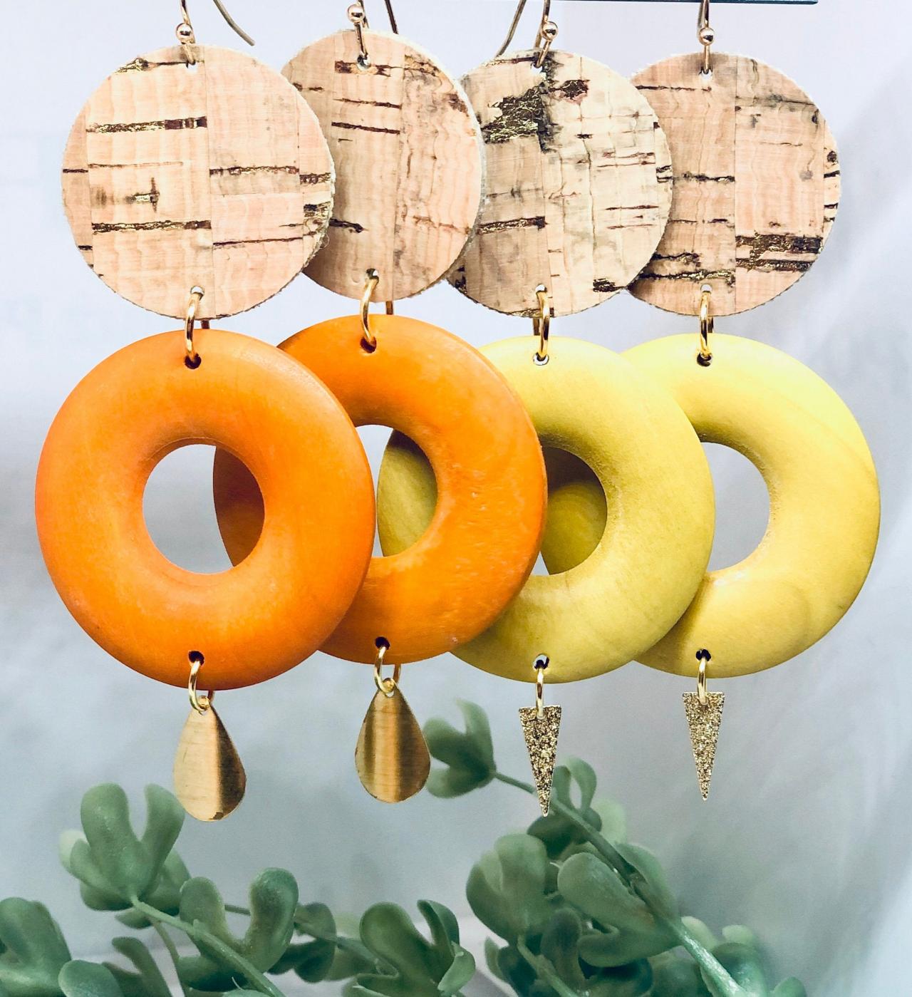 Cork Leather Gold Splatter Dangle Earrings, Wooden Donut Bead, Brass Dangle Pendant, Circle, Lightweight, Yellow And Orange
