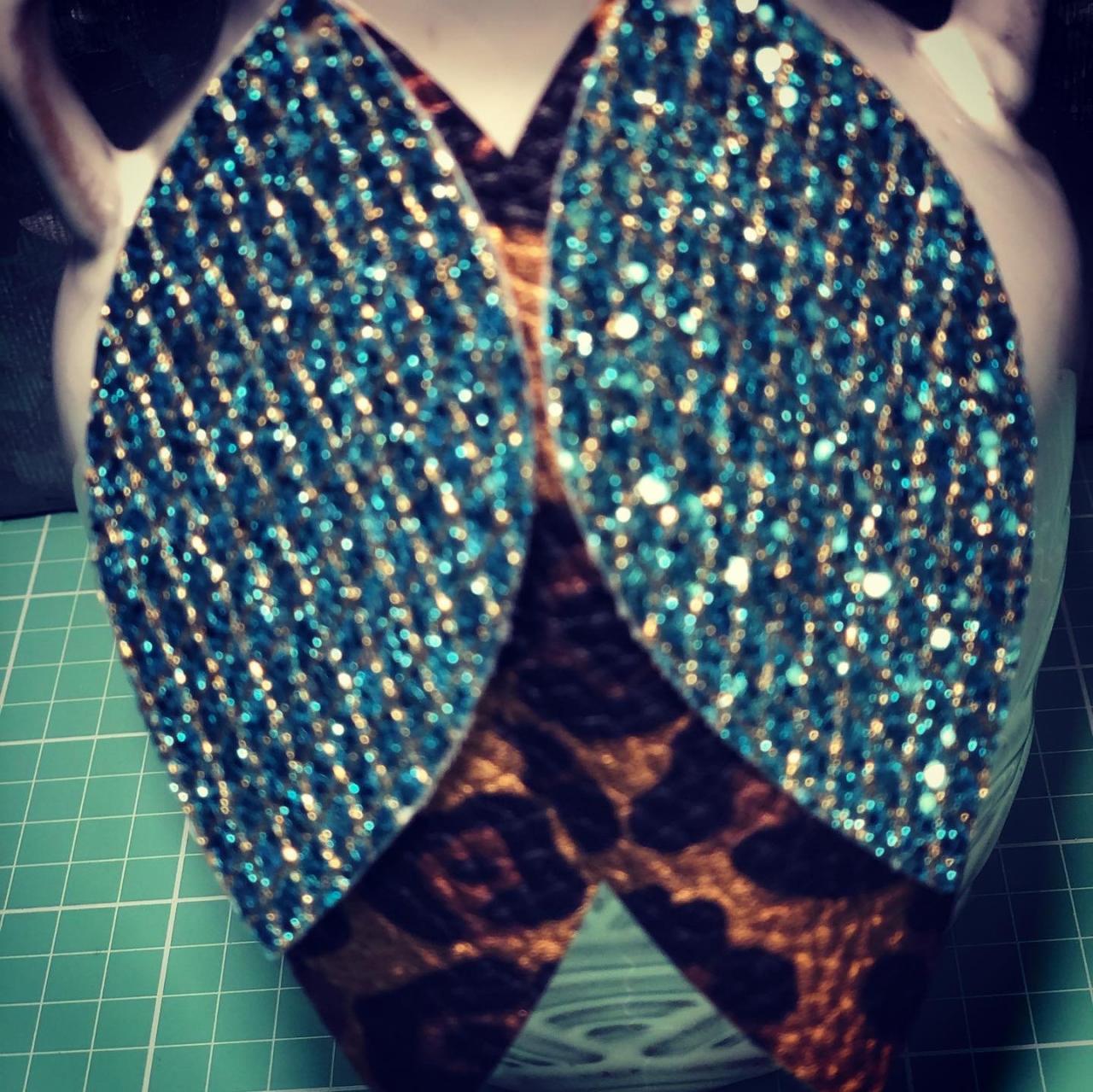 Teal Glittered And Cheetah Print Faux Leather Stacked Earrings