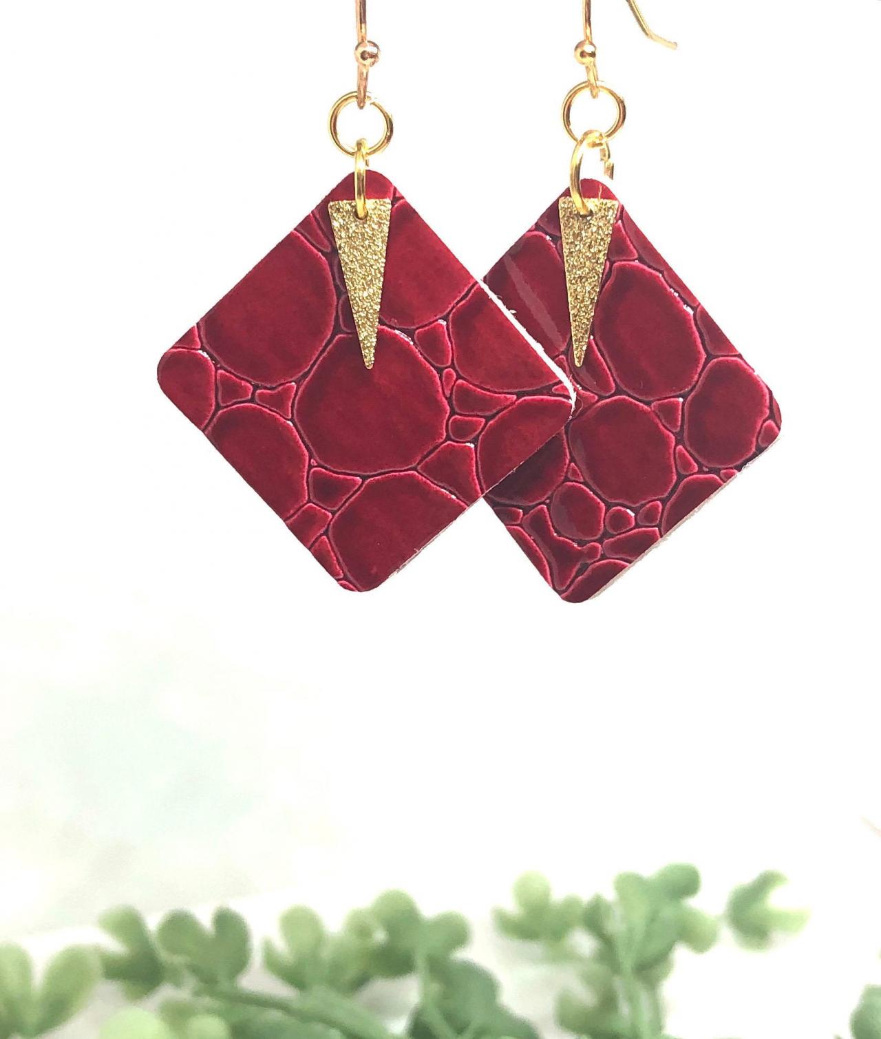 Faux Leather Square Earrings, Red Crocodile, Gold Hammered Spear Pendant, Double-sided, Dangle Earrings, Lightweight.